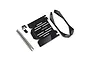 Yeah Racing black aluminium chassis skid plate set with mounting hardware and metal rods on a white background.