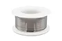A spool of silver-coloured solder wire wound onto a white plastic reel against a white background.