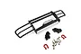 Yeah Racing aluminium alloy front bumper for RC crawler with mounting brackets, screws, and red tow shackles on a white background.