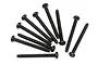 A top-down view of ten black metal coarse thread binder head screws arranged in a fan pattern against a white background.