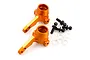 Two orange anodized aluminium RC steering knuckles with black ball studs and silver washers on a white background.