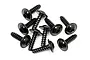 A pile of ten black metal RC screws with washer heads and coarse threads on a white background.