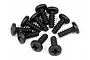 A cluster of ten black HPI Racing 3x8mm coarse thread binder head screws arranged on a white background.