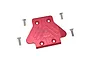 A red anodised aluminium rear skid plate for an RC car, accompanied by four small metal screws, set against a plain white background.