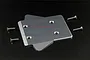 GPM Racing silver aluminium rear gear box skid plate with four mounting screws on a carbon fiber background.