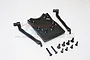 GPM Racing black aluminium rear skid plate set with mounting arms and screws on a white background.