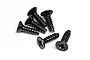 A group of six black HPI Racing 3x10mm coarse thread countersunk head screws arranged on a white background.
