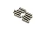 A small pile of ten silver-coloured metal grub screws arranged on a plain white background.