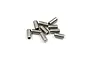 A small pile of ten silver-coloured metal grub screws with hexagonal drive sockets on a plain white background.