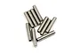 A collection of ten silver-coloured metal grub screws arranged on a plain white background.