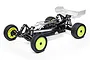 Losi Mini-B Pro 2WD RC buggy roller with a clear, unpainted body and bright yellow wheels against a white background.