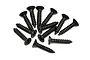A collection of twelve black metal countersunk head screws with coarse threads arranged in a circular pattern against a white background.