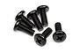 A group of six black metal binder head screws with Phillips drive heads arranged on a white background.