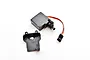 A black 3-wire RC servo motor with a separate black plastic mounting bracket on a white background.