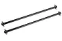 Two black steel RC drive shafts with universal joints at both ends, isolated on a white background.