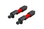 Two ARRMA red aluminium RC shock absorbers with black plastic caps and ends, shown against a white background.