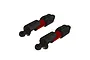 Two ARRMA red aluminium RC shock absorbers with black plastic components isolated on a white background.