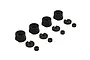 ARRMA shock cartridge set including four threaded shock caps, four internal spacers, and four small bushings arranged on a white background.