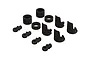 A set of black ARRMA RC suspension parts including spring perches, spacers, and rod ends arranged on a white background.