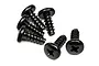 A group of six black HPI Racing 4x10mm coarse thread binder head screws on a white background.