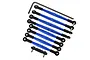 A set of GPM Racing blue anodized aluminium tie rods with black plastic rod ends and a hex wrench on a white background.