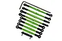 A set of green anodized aluminium tie rods with black plastic rod ends and a hex wrench on a white background.
