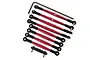 A set of GPM Racing red anodized aluminium tie rods with black plastic rod ends and an L-shaped hex wrench on a white background.