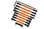 A set of orange anodized aluminium RC tie rods with black plastic rod ends and an L-shaped hex wrench on a white background.
