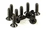 A group of ten black metal countersunk head screws with coarse threads for RC hobby use.