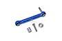 A blue anodized aluminium steering tie rod for Losi RC cars, shown with a screw, spacer, and washer on a white background.