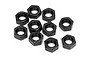 A collection of ten black steel hex nuts arranged on a plain white background.