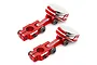 Two red anodized aluminium magnetic body mounts for RC cars, featuring adjustable arms and silver circular magnets.