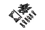 A set of black RC car suspension parts including threaded rods, ball ends, and plastic molded components on a white background.