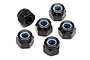 A set of six black steel nyloc nuts with blue nylon inserts arranged on a white background.