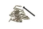 A collection of silver-coloured metal wheel bolts and a single black metal tool on a white background.
