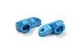 Two blue anodized aluminium suspension mounts for Tamiya XV-01, featuring laser-etched Yeah Racing logo and 1XJ marking.