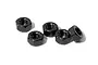 Five black thin nyloc nuts arranged on a white background.