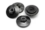 Four black steel flanged nyloc nuts for RC cars, arranged on a white background.