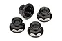 Four black steel flanged nyloc nuts arranged on a white background.