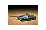 A fully assembled and painted 1/72 scale model of a Soviet T-10M heavy tank, featuring olive green camouflage and white identification stripes.