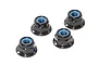 Four black steel flanged nyloc nuts with blue nylon inserts arranged on a white background.