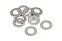 A small pile of ten silver-coloured metal flat washers on a white background.