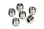 Six small silver-coloured metal grub screws with hexagonal sockets arranged on a white background.