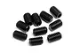 A collection of ten small black metal grub screws arranged on a white background.
