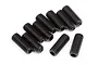 A group of ten black metal grub screws with a hexagonal socket head, arranged on a white background.