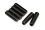 A set of six black metal grub screws with hexagonal sockets arranged on a white background.