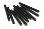 A cluster of ten black metal grub screws with fine threading arranged on a white background.