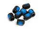 A cluster of eight black metal grub screws with blue thread-locking compound applied to the threads, set against a white background.