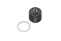 A black plastic differential case with cooling fins and a metal bearing insert, shown next to a thin circular metal gasket.