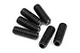 A group of six black metal grub screws arranged on a white background.